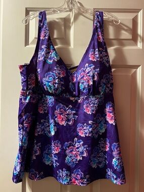 Swimsuits For All Purple Floral Tankini Top with Blue and Pink Accents